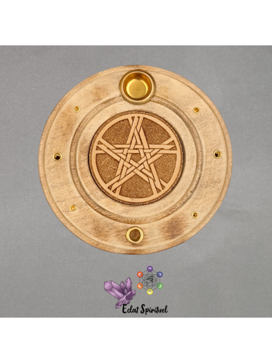 Support encens Pentacle bois – Ø 10 cm – Éclat Spirituel