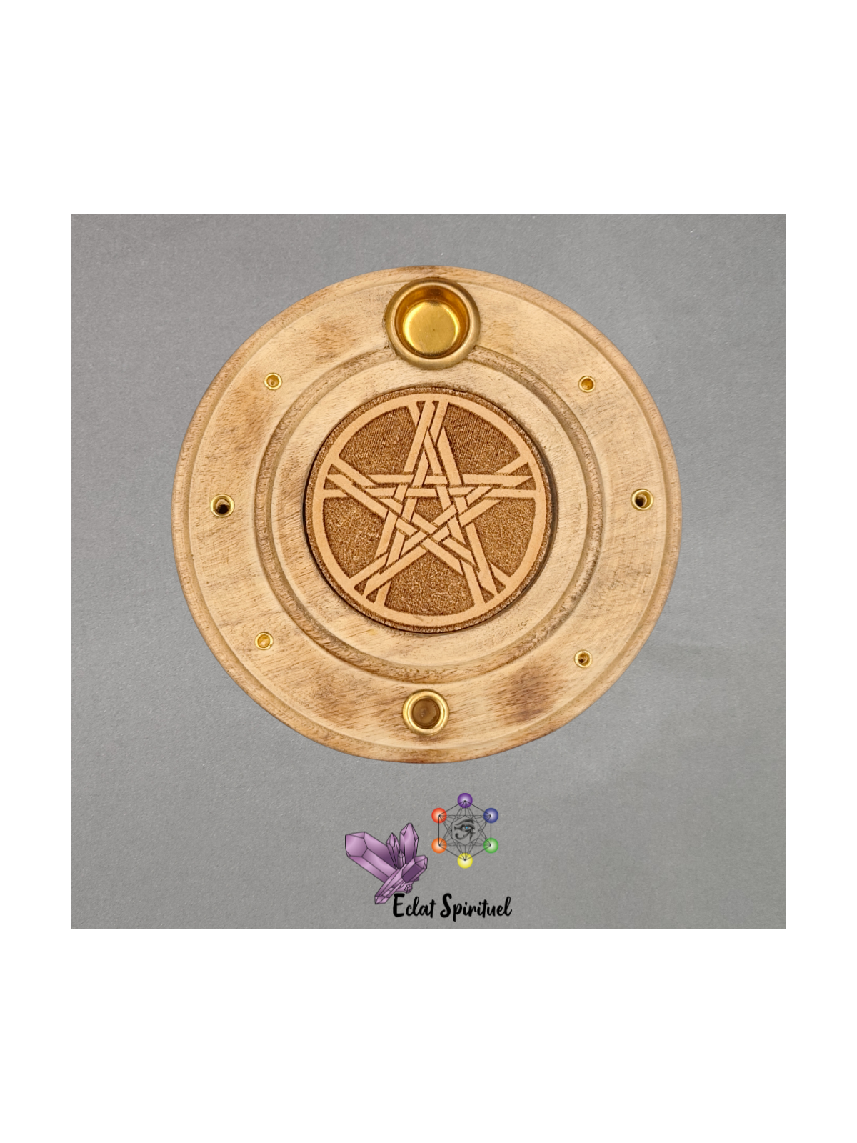 Support encens Pentacle bois – Ø 10 cm – Éclat Spirituel