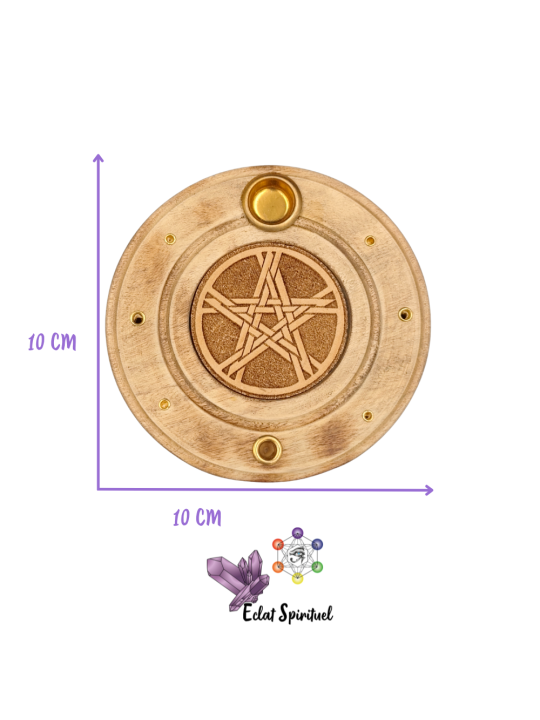 Support encens Pentacle bois – Ø 10 cm – Éclat Spirituel