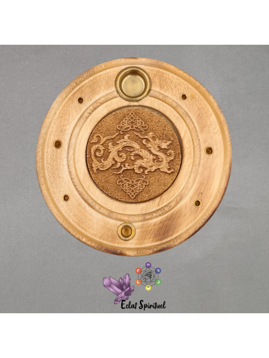 Support encens Dragon bois – Ø 10 cm – Éclat Spirituel