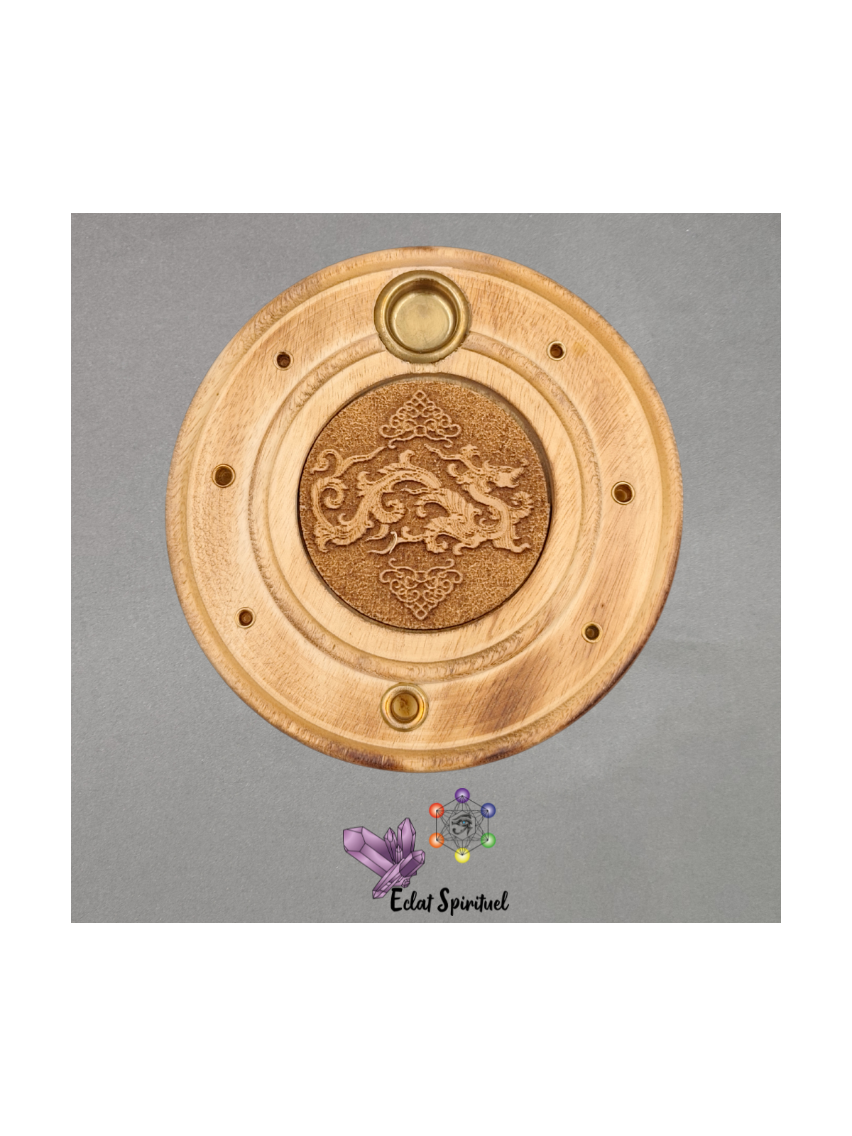 Support encens Dragon bois – Ø 10 cm – Éclat Spirituel