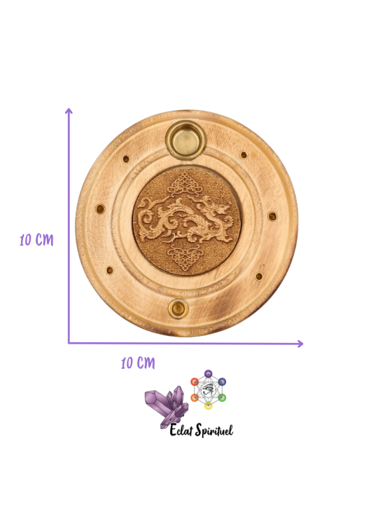 Support encens Dragon bois – Ø 10 cm – Éclat Spirituel