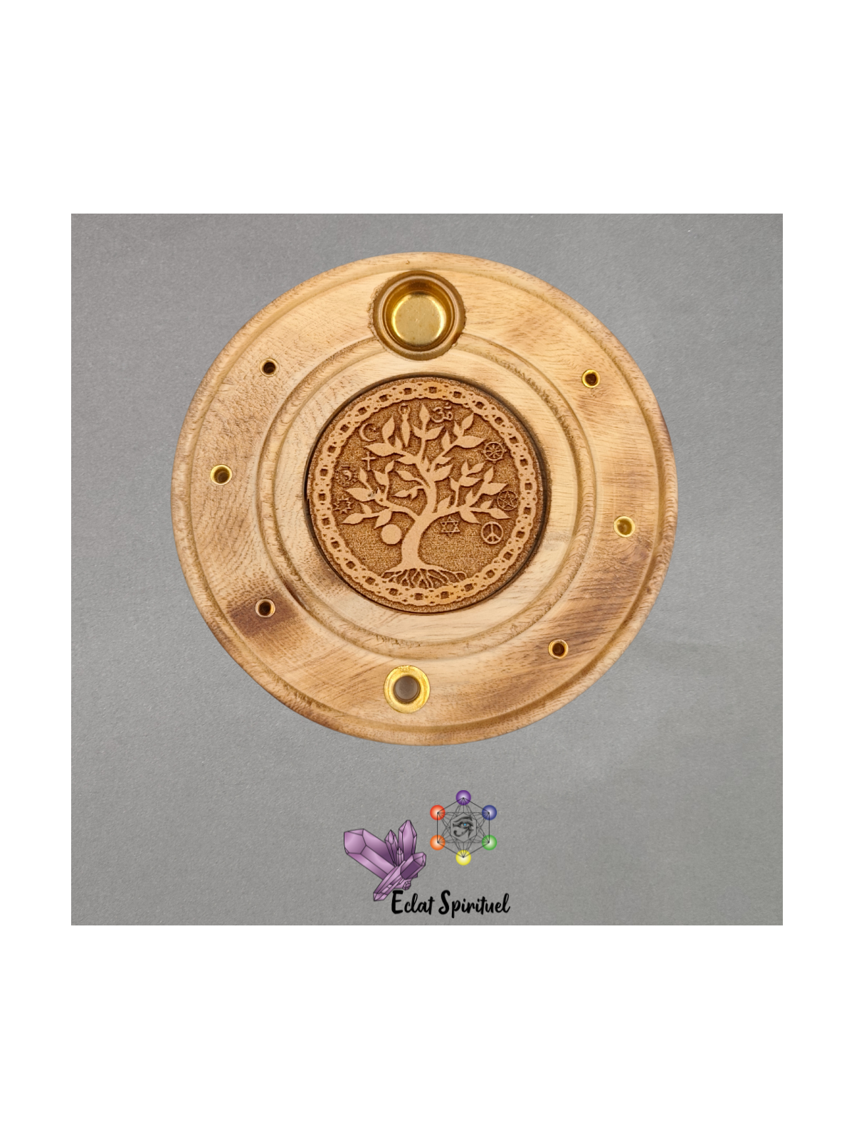 Support encens Arbre de Vie bois – Ø 10 cm – Éclat Spirituel